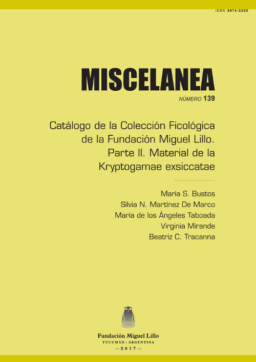 Portada Catálogo de la Colección Ficológica de la Fundación Miguel Lillo. Parte II: Material de la Kryptogamae exsiccatae
