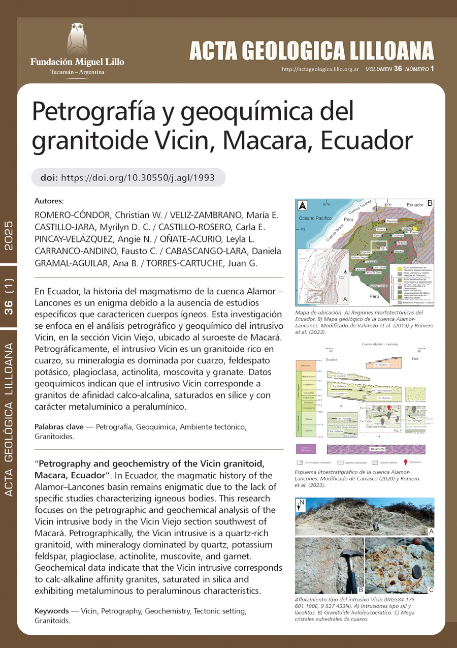 Petrografía y geoquímica del granitoide Vicin, Macara, Ecuador