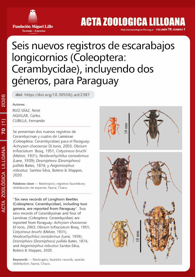 Seis nuevos registros de escarabajos longicornios (Coleoptera: Cerambycidae), incluyendo dos géneros, para Paraguay