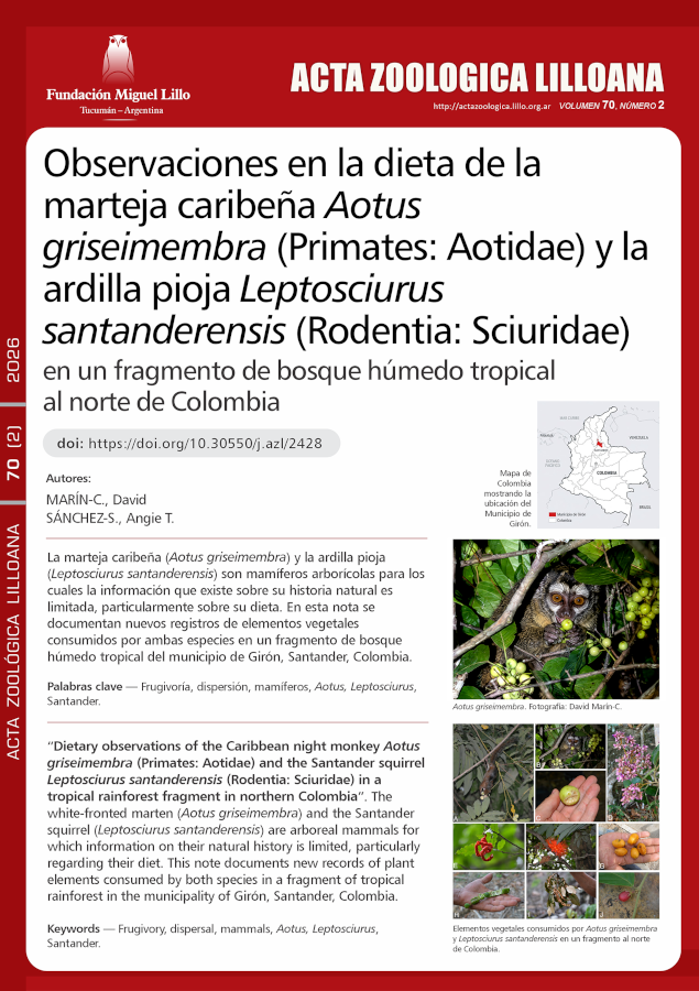 Observaciones en la dieta de la marteja caribeña Aotus griseimembra (Primates: Aotidae) y la ardilla pioja Leptosciurus santanderensis (Rodentia: Sciuridae) en un fragmento de bosque húmedo tropical al norte de Colombia