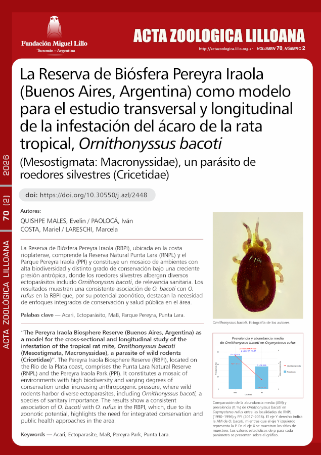La Reserva de Biósfera Pereyra Iraola (Buenos Aires, Argentina) como modelo para el estudio transversal y longitudinal de la infestación del ácaro de la rata tropical, Ornithonyssus bacoti (Mesostigmata: Macronyssidae), un parásito de roedores silvestres (Cricetidae)