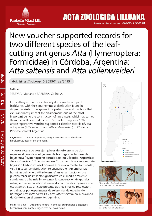 Nuevos registros con ejemplares de referencia de dos especies diferentes del género de hormigas cortadoras de hojas Atta (Hymenoptera: Formicidae) en Córdoba, Argentina: Atta saltensis y Atta vollenweideri