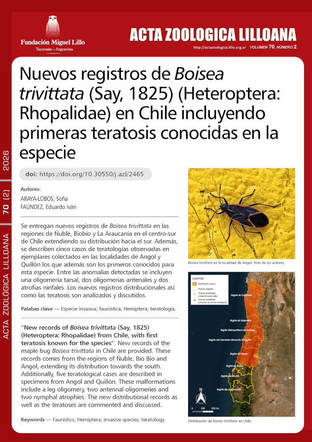 Nuevos registros de Boisea trivittata (Say, 1825) (Heteroptera: Rhopalidae) en Chile incluyendo primeras teratosis conocidas en la especie