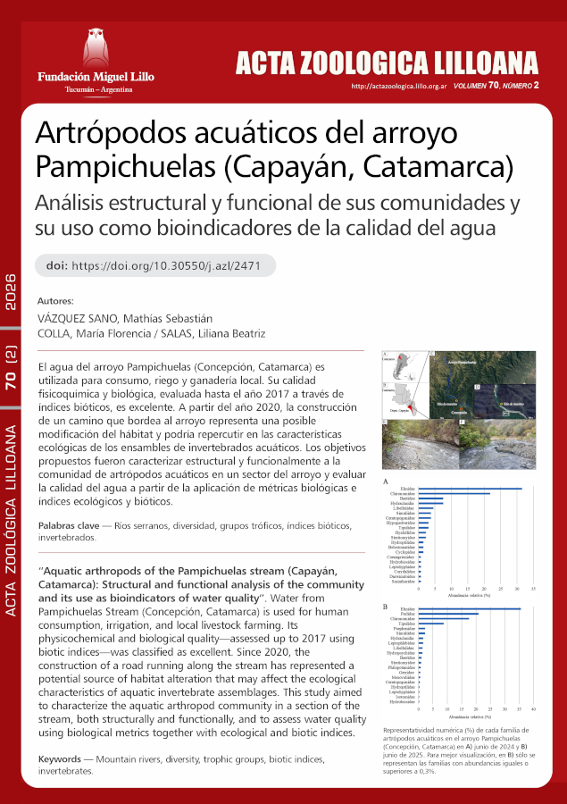 Artrópodos acuáticos del arroyo Pampichuelas (Capayán, Catamarca): análisis estructural y funcional de sus comunidades y su uso como bioindicadores de la calidad del agua