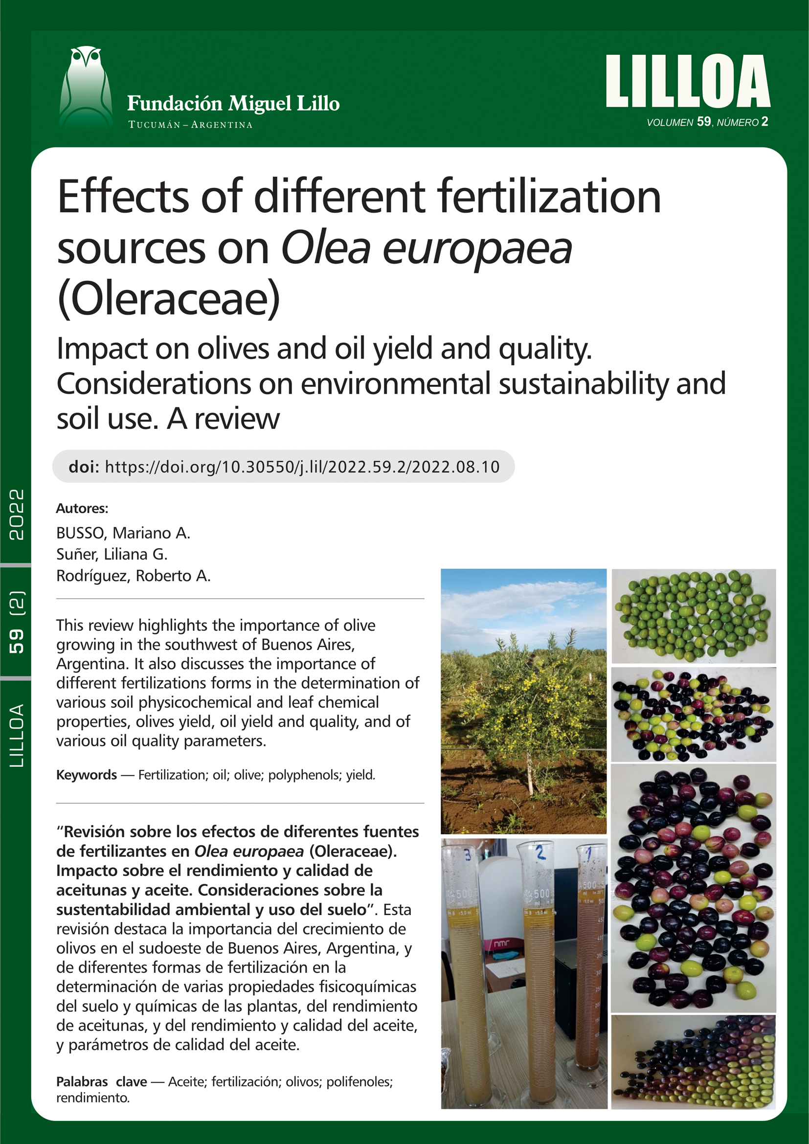 Revisión sobre los efectos de diferentes fuentes de fertilizantes en Olea europaea (Oleraceae): Impacto sobre el rendimiento y calidad de aceitunas y aceite. Consideraciones sobre la sustentabilidad ambiental y uso del suelo