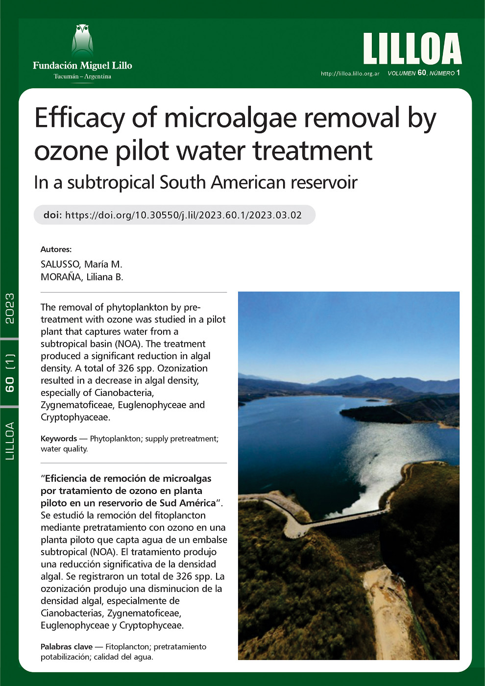 Eficiencia de remoción de microalgas por tratamiento de ozono en planta piloto en un reservorio de Sud America
