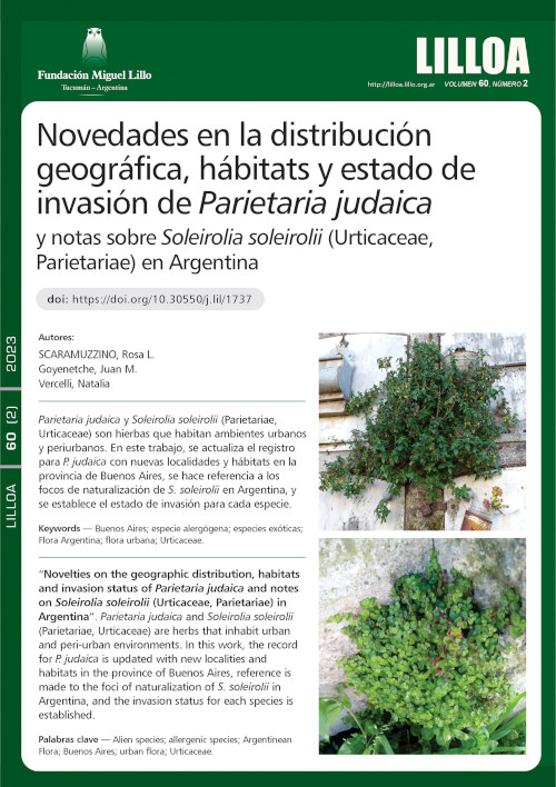 Novedades en la distribución geográfica, hábitats y estado de invasión de Parietaria judaica y notas sobre Soleirolia soleirolii (Urticaceae, Parietariae) en Argentina