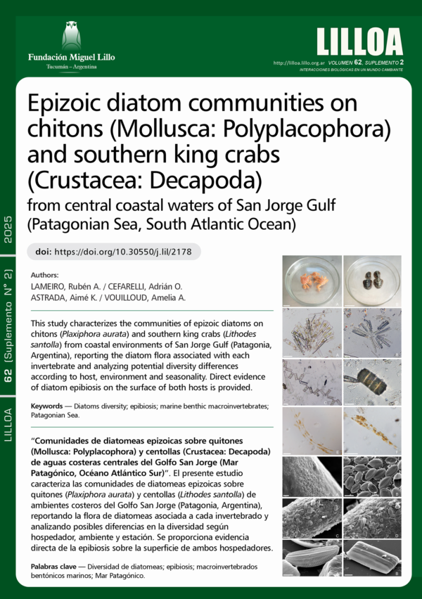 Comunidades de diatomeas epizoicas sobre quitones (Mollusca: Polyplacophora) y centollas (Crustacea: Decapoda) de aguas costeras centrales del Golfo San Jorge (Mar Patagónico, Océano Atlántico Sur)