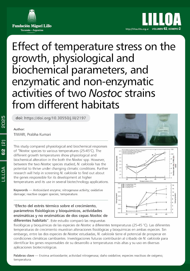 Efecto del estrés térmico sobre el crecimiento, parámetros fisiológicos y bioquímicos, actividades enzimáticas y no enzimáticas de dos cepas Nostoc de diferentes hábitats
